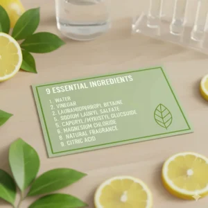A graphic list of the 9 essential ingredients used in 9 Elements dish soap with a leaf icon.