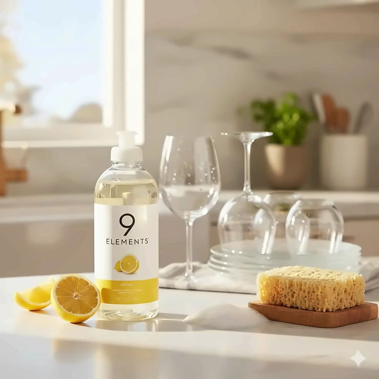 A bottle of 9 Elements lemon scented dish soap on a white marble kitchen counter next to a sponge and clean dishes. 9 elements dish soap
