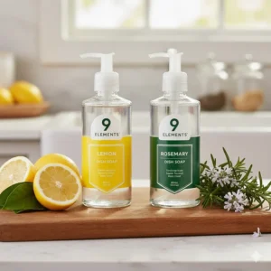 A visual representation of the Lemon and Rosemary scent options available for 9 Elements liquid dish soap.