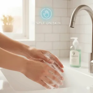 An illustration of soap bubbles and a hand, highlighting the skin-friendly formula of 9 Elements dish soap.