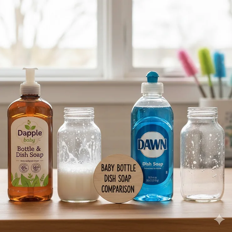 A side-by-side comparison of standard dish soap and specialized baby bottle soap next to clean glass bottles. baby bottle dish soap comparison