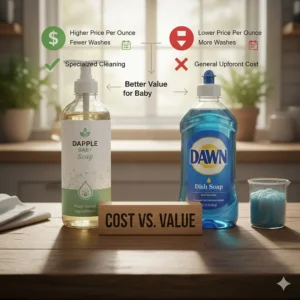 An infographic comparing the price per ounce and usage rates of baby-specific soap versus household dish soap.
