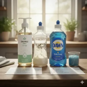 Illustration showing how specialized baby bottle soap breaks down breast milk and formula film more effectively than standard soap.