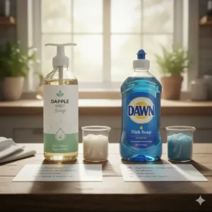 A checklist comparing natural plant-based ingredients in baby soap versus synthetic fragrances in regular dish soap.