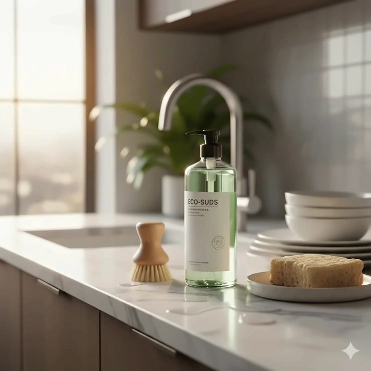 A bottle of premium concentrated dish soap sitting on a modern marble kitchen counter next to a sponge.