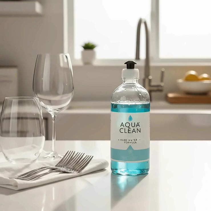 A bottle of premium dish soap specifically formulated for hard water next to crystal clear glasses without mineral spots. dish soap for hard water