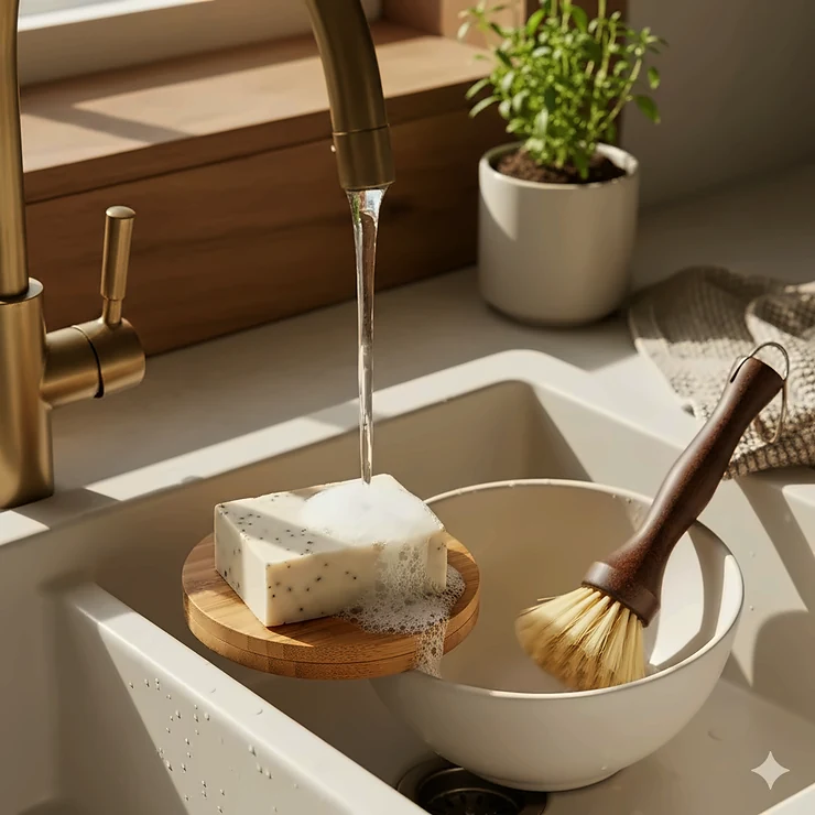 Photorealistic 4K image of a natural solid dish soap bar on a bamboo dish under a kitchen faucet with soft morning light.
