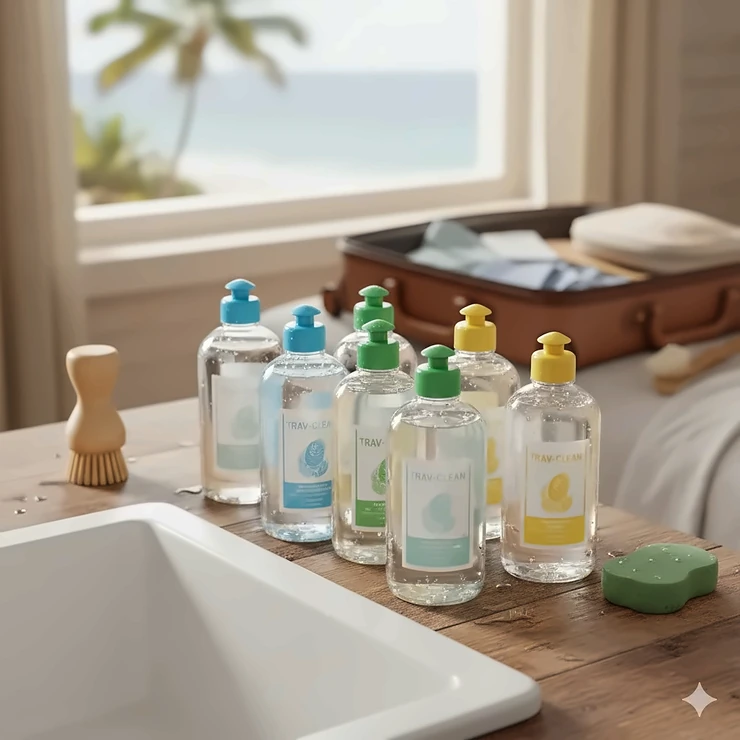 A set of clear, leak-proof travel size dish soap bottles standing on a kitchen counter next to a sponge.