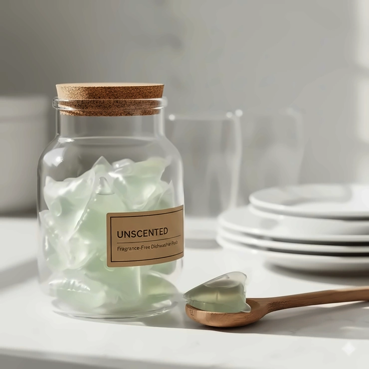 A close-up of eco-friendly unscented dishwasher soap pods in a glass jar on a clean white kitchen counter.