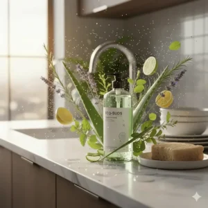 Natural plant-based ingredients surrounding a bottle of concentrated liquid dish detergent.