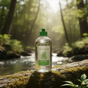 An eco-friendly, biodegradable travel size dish soap bottle with a leaf icon, ideal for outdoor use.