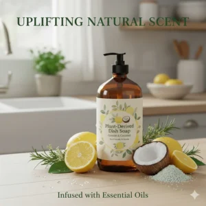Fresh, fragrant citrus fruits next to the bottle, representing the natural, uplifting essential oil scent of the best natural dish soap.