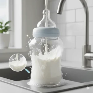 An illustration showing how a specialized dish soap effectively breaks down and removes tough milk film and residue from the inside of a baby bottle.
