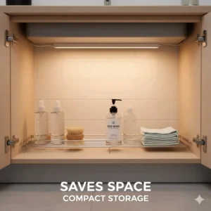 A neat under-sink storage area showing how compact concentrated dish soap saves cabinet space.