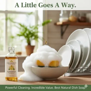 A visual demonstration of a concentrated formula, showing that a small amount of the best natural dish soap provides powerful cleaning and great value.