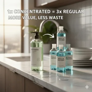 A graphic comparing one bottle of concentrated dish soap to three bottles of non-concentrated soap for value.