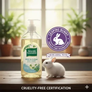 Illustration of the Leaping Bunny logo signifying that Seventh Generation dish soap is never tested on animals.