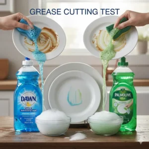 A side-by-side photo showing equal amounts of greasy residue being cleaned from identical plates, demonstrating the grease-cutting performance of Dawn vs Palmolive dish soap.