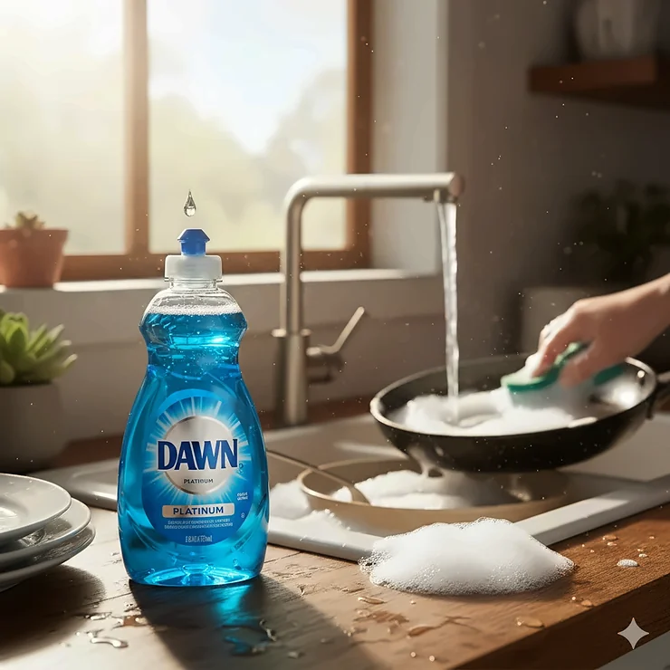 A close-up of the Dawn Platinum dish soap bottle, highlighting its powerful grease-cutting formula for a deep, concentrated clean.