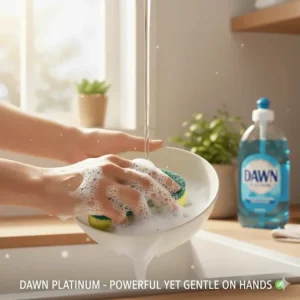 Image showing hands washing dishes with Dawn Platinum dish soap, indicating its powerful yet gentle formula that helps prevent dryness.