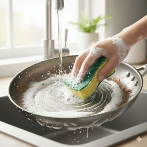Illustrating how Dawn Platinum dish soap effortlessly cuts through tough, baked-on grease and food residues on a dirty pan.