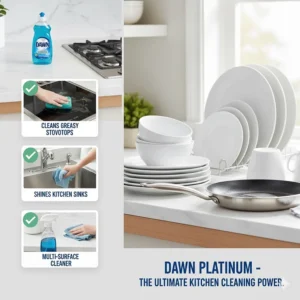 A visual checklist or layout highlighting the many uses of Dawn Platinum, such as cleaning stovetops, counters, and other kitchen surfaces.