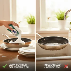 Visual comparison showing dishes cleaned quickly with Dawn Platinum versus the ineffective results of an overnight soak with regular soap.