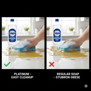 A graphic representation of Dawn Platinum easily breaking down cooking oil and stubborn fats during kitchen cleanup.