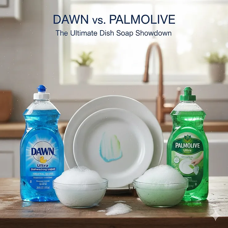 An eye-level photo of the blue Dawn Ultra dish soap bottle next to the green Palmolive Ultra dish soap bottle, illustrating a Dawn vs Palmolive dish soap comparison.