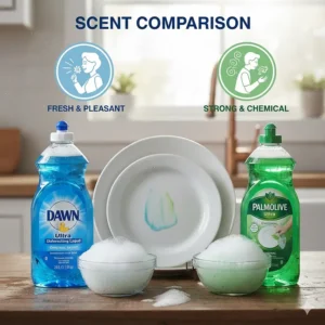 A graphic comparing a "Fresh/Pleasant" icon next to Dawn and a "Strong/Chemical" icon next to Palmolive to illustrate the scent difference between the two popular dish soaps.