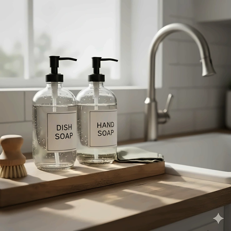 A matching glass dish soap and hand soap dispenser set with waterproof labels sitting on a wooden tray by a kitchen sink.