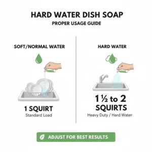 Infographic explaining the correct amount of dish soap to use when washing dishes in a hard water environment.