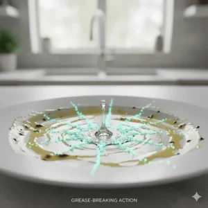 A diagram showing 9 Elements dish soap molecules breaking down grease on a ceramic dinner plate.