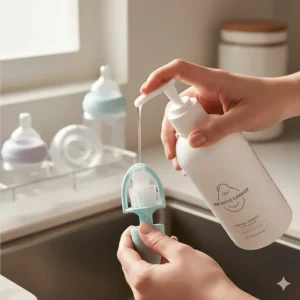 A hand dispensing a natural, gentle dish soap from a pump bottle directly onto a soft brush designed for cleaning baby bottle nipples and components.