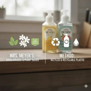 Icons or visuals representing the eco-friendliness of both brands, comparing Method's recyclable bottles against Mrs. Meyer's plant-derived formulas.