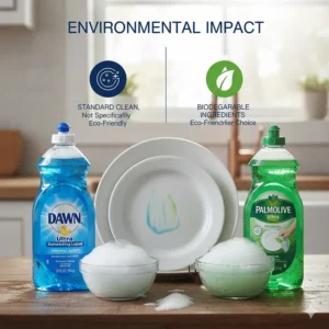 A split image showing an eco-leaf icon next to Palmolive (for biodegradable ingredients) and a standard clean icon next to Dawn, discussing the environmental impact of both soaps.