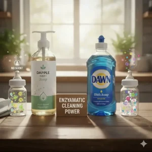 A close-up graphic showing enzymes in baby soap targeting milk proteins for a deeper clean.