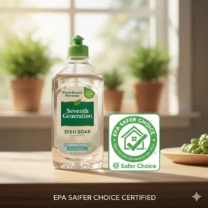 Illustration of the EPA Safer Choice seal alongside a Seventh Generation dish soap bottle to show safety standards.