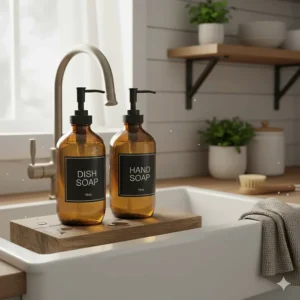 Amber glass dish soap and hand soap dispenser set in a rustic farmhouse-style kitchen.