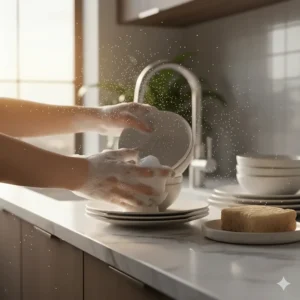 An illustration of hands washing dishes with soap suds, emphasizing a skin-safe concentrated formula.