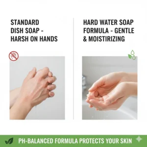 An illustration of soft hands washing dishes, emphasizing a pH-balanced dish soap for hard water that protects skin.