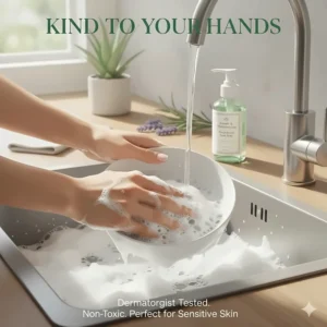 A person washing dishes, showcasing how the moisturizing, gentle formula of this non-toxic dish soap is kind to sensitive skin.
