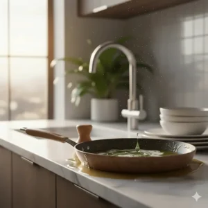 Illustration showing concentrated dish soap breaking down tough grease on a ceramic frying pan.