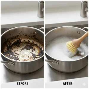 A split-screen before-and-after showing a tough, greasy cooking pot before and after cleaning with Mrs. Meyer's liquid dish soap.