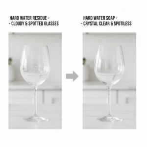 Close-up of a glass with white mineral streaks compared to a clean glass washed with hard water dish soap.