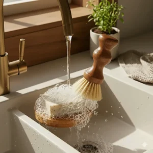 High-detail close-up of a wooden brush lathering a bar of solid dish soap in a minimalist stone sink.