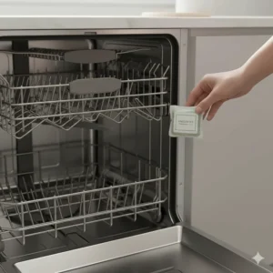 A diagram showing where to place an unscented soap pod in a standard dishwasher detergent dispenser.