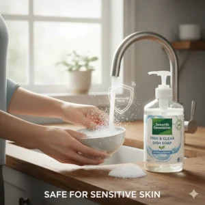 A gentle illustration showing Seventh Generation dish soap being used by someone with sensitive skin.
