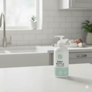 A visual representation of a hypoallergenic dish soap bottle with a label indicating it is dye-free and fragrance-free, ideal for babies with sensitive skin or eczema.