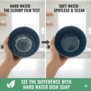 A visual test showing the cloudy white film on a ceramic bowl indicating the need for a specific dish soap for hard water.